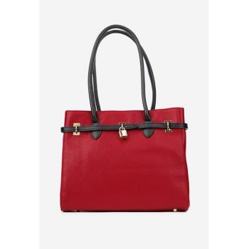 Geanta dama rosie cu negru din piele texturata cu ornament