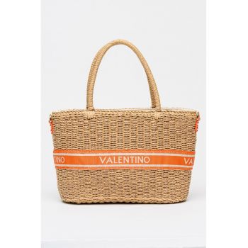 Geanta shopper din paie de hartie cu banda logo - Maro deschis/Caramiziu