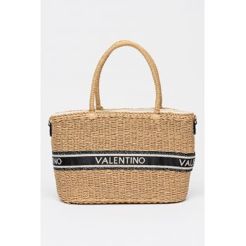 Geanta shopper din paie de hartie cu banda logo - Negru/Maro deschis