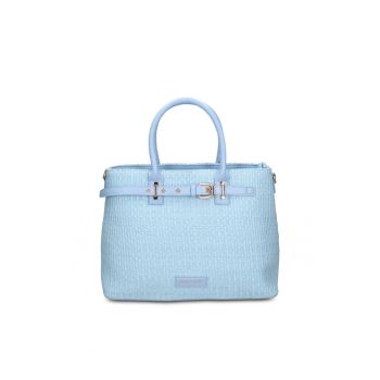 Geanta shopper din paie si piele Oriana - Albastru azur