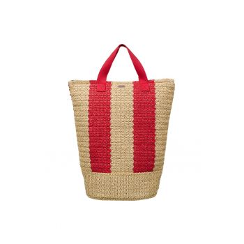 Geanta tote cu maner din material textil - Rosu/Bej