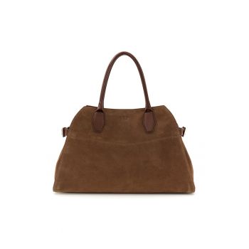 Geanta tote de piele intoarsa Liza - Maro inchis/Caramel