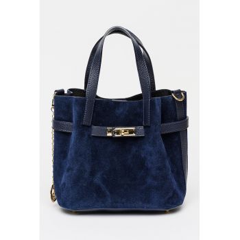 Geanta tote din piele intoarsa cu accesoriu detasabil - Albastru inchis