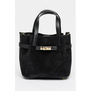 Geanta tote din piele intoarsa cu accesoriu detasabil - Negru