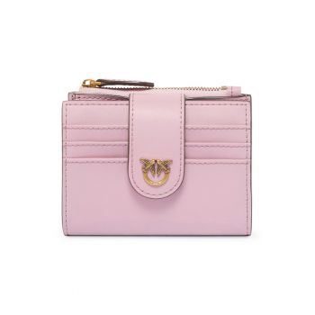 Portofel din piele cu logo metalic - Roz pastel