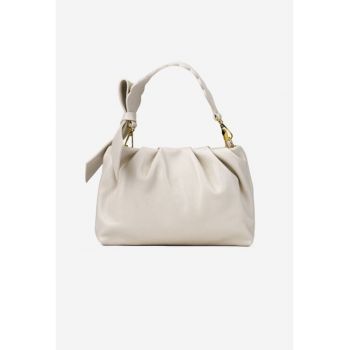 Poseta dama bej din piele texturata cu ornament funda