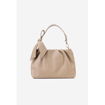 Poseta taupe din piele texturata cu ornament funda