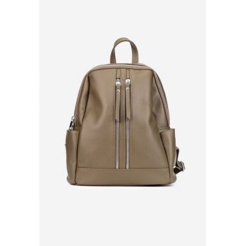 Rucsac dama  piele naturala - bej - model de umar - cu compartiment interior - 5 buzunare exterioare