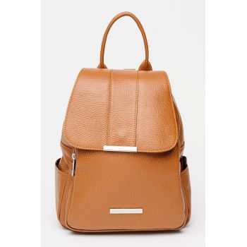Rucsac din piele cu buzunare laterale - Coniac