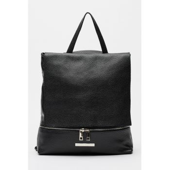 Rucsac din piele cu clapa - Negru stins