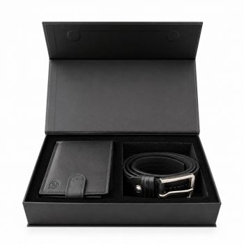 Set cadou pentru barbati, Portofel + Curea, piele naturala, model elegant, SET39, Negru