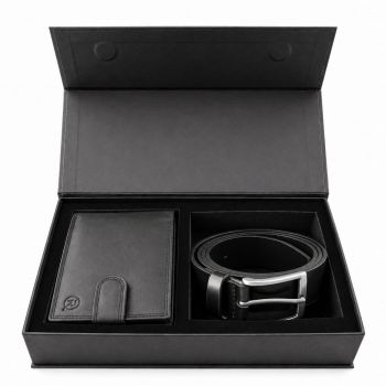 Set cadou pentru barbati, Portofel + Curea, piele naturala, model elegant, SET40, Negru