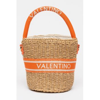 Geanta bucket din paie de hartie cu logo - Bej inchis/Caramiziu