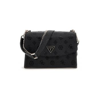 Geanta crossbody cu clapa si model in relief - Negru
