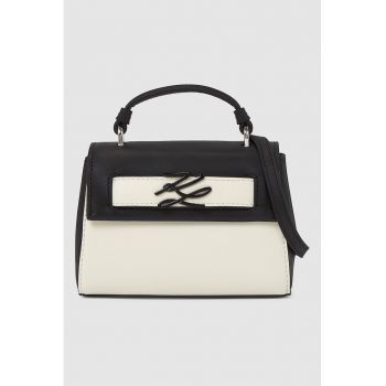 Geanta crossbody de piele cu clapa - Negru/Alb murdar