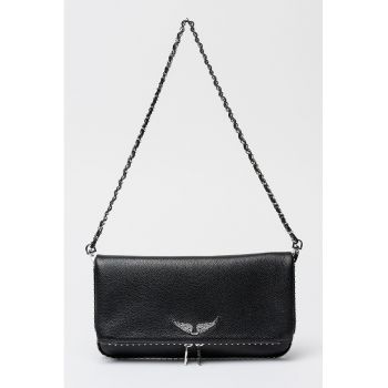 Geanta crossbody de piele cu clapa si nituri Rock - Negru