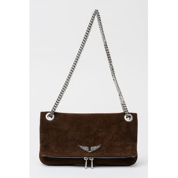 Geanta crossbody de piele intoarsa cu bareta de lant - Maro inchis