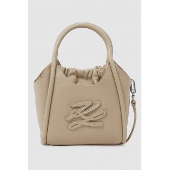 Geanta de piele cu maner si logo - Maro taupe deschis