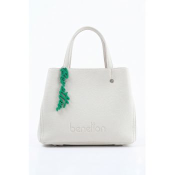 Geanta de piele ecologica cu maner si accesoriu logo - Alb murdar