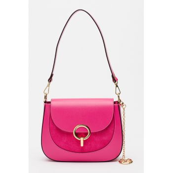 Geanta din piele cu bareta de umar si clapa - Fucsia