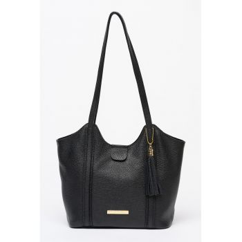 Geanta shopper din piele granulata cu accesoriu - Negru