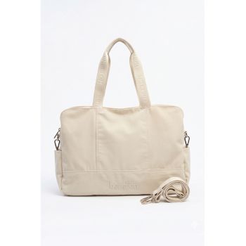 Geanta tote din amterial textil cu bareta detasabila - Bej deschis