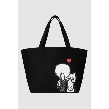 Geanta tote din material textil cu imprimeu logo - Rosu/Alb/Negru