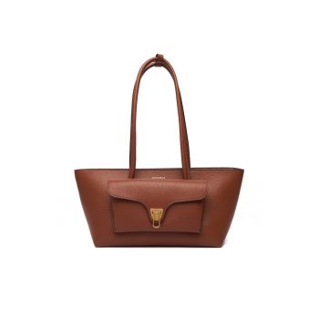 Geanta tote trapezoidala de piele Double Beat - Maro