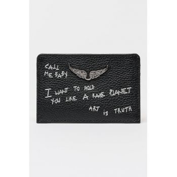 Portcart de piele cu imprimeu text - Negru