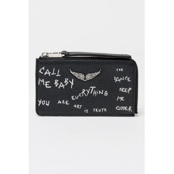 Portcart de piele cu imprimeu text - Negru