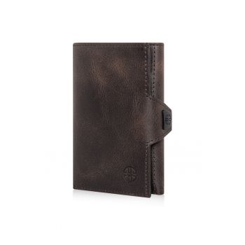 Portofel piele naturala cu protectie anti scanare carduri RFID - design compact trifold - Toscana - Maro inchis
