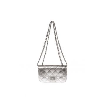 Geanta crossbody metalica din piele matlasata - Argintiu