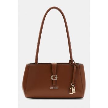 Geanta de piele ecologica cu bareta de umar si logo Carrie - Maro cognac