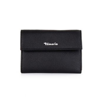 Portofel de piele cu clapa si aspect granulat - Negru