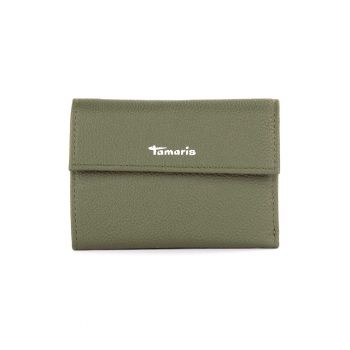 Portofel de piele cu clapa si aspect granulat - Verde masliniu