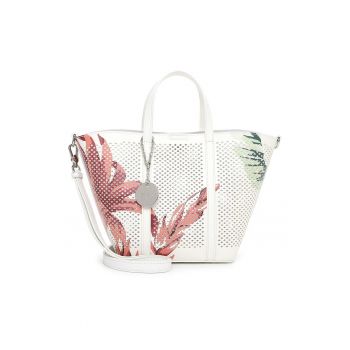 Set de geanta shopper din piele ecologica cu perforatie si etui - Alb/Rosu antichizat