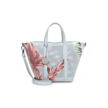 Set de geanta shopper din piele ecologica cu perforatie si etui - Albastru deschis/Rosu antichizat