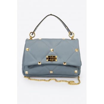 Geanta crossbody - de piele cu tinte - Albastru prafuit - 18 x 26 x 8 cm