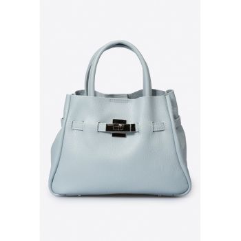 Geanta de piele cu maner si bareta aditionala - Albastru glaciar