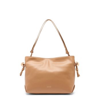 Geanta din piele ecologica cu bareta de umar si logo discret Medium Riccy - Caramel