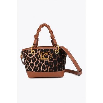Geanta din piele ecologica si material textil cu maner si model animal print - Maro