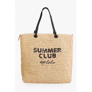 Geanta shopper cu imprimeu text - Bej