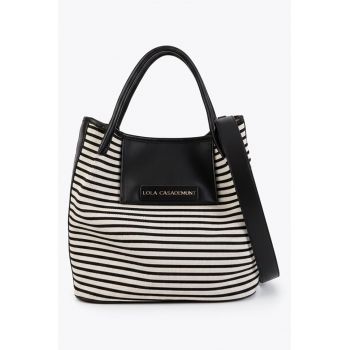 Geanta shopper cu model in dungi si logo - Negru
