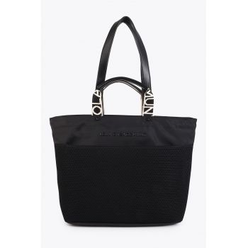 Geanta shopper din material textil - Negru/Bej
