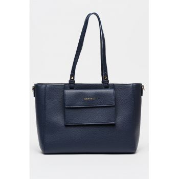 Geanta shopper din piele ecologica cu buzunar frontal cu clapa - Albastru ultramarin