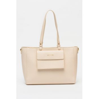 Geanta shopper din piele ecologica cu buzunar frontal cu clapa - Crem