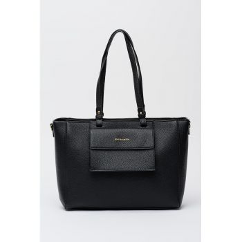 Geanta shopper din piele ecologica cu buzunar frontal cu clapa - Negru