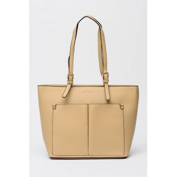 Geanta shopper din piele ecologica cu buzunare frontale aplicate - Crem
