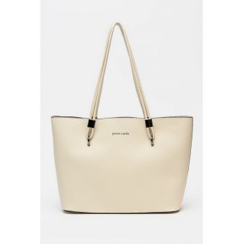 Geanta shopper din piele ecologica cu imprimeu logo discret - Crem