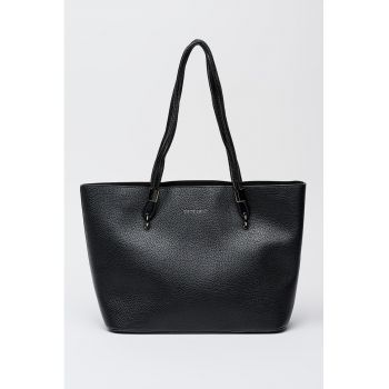 Geanta shopper din piele ecologica cu imprimeu logo discret - Negru